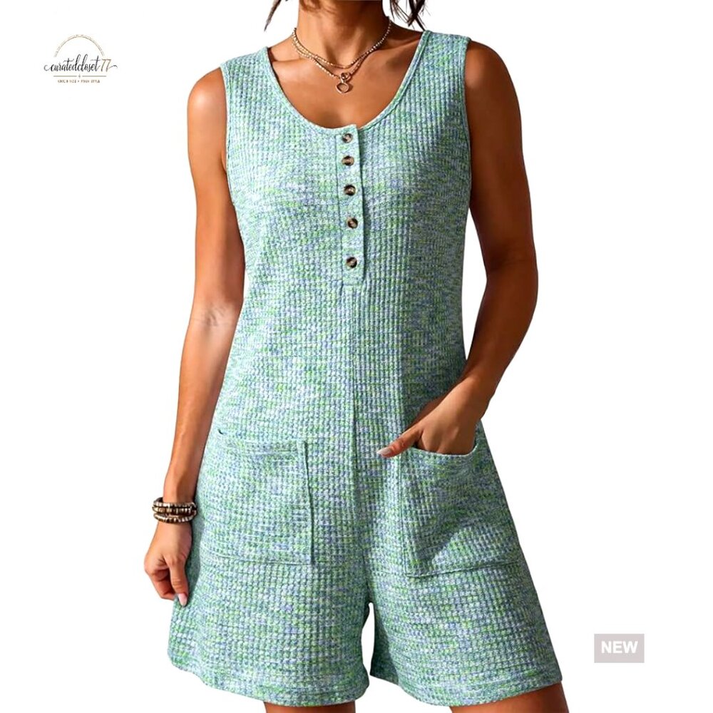 Sleeveless Waffle Knit Romper with Pockets, Wide Leg Casual Overalls